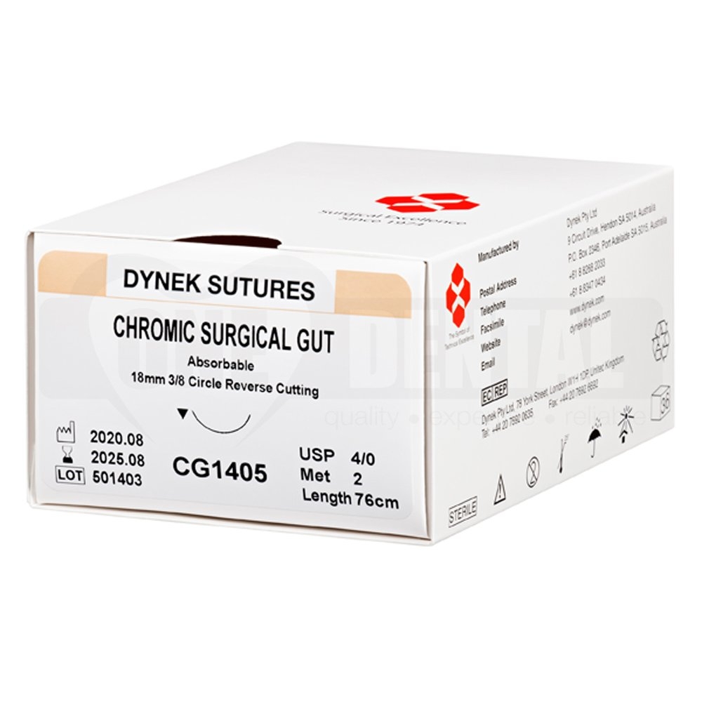 Dynek Chromic Gut Suture 4/0 x 76cm on 18mm 3/8 Circle Reverse Cutting Box 36
