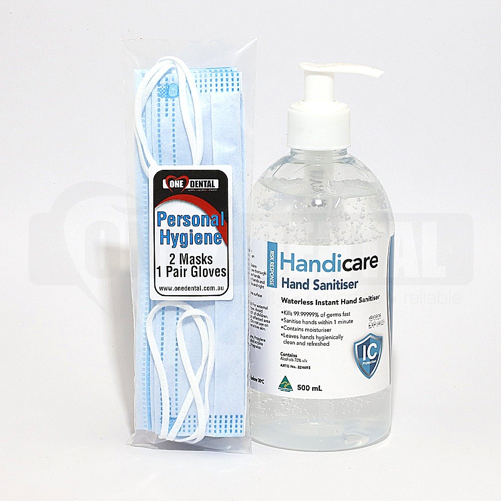 Personal Hygiene Kit: Hand Sanitiser & 2 x Earloop Face Mask & 1 Pair Gloves