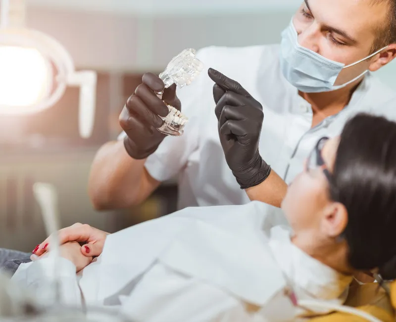 Dentist explaining to a patient using a training model