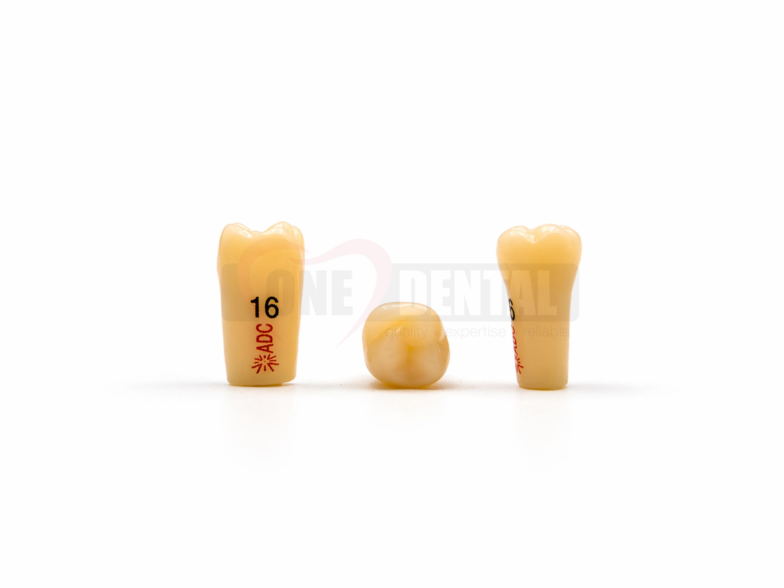 Dental implant models arranged with two outer teeth and a central placeholder on a white background, illustrating dental restoration concepts