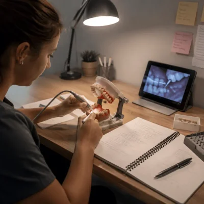 Dental professional practising restorative techniques on a dental model at a study desk with clinical tools