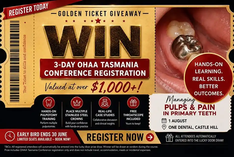 Promotional banner for a giveaway: WIN a 3-day OHAA Tasmania conference registration valued at over $1,000, with dental imagery and hands-on learning badge.