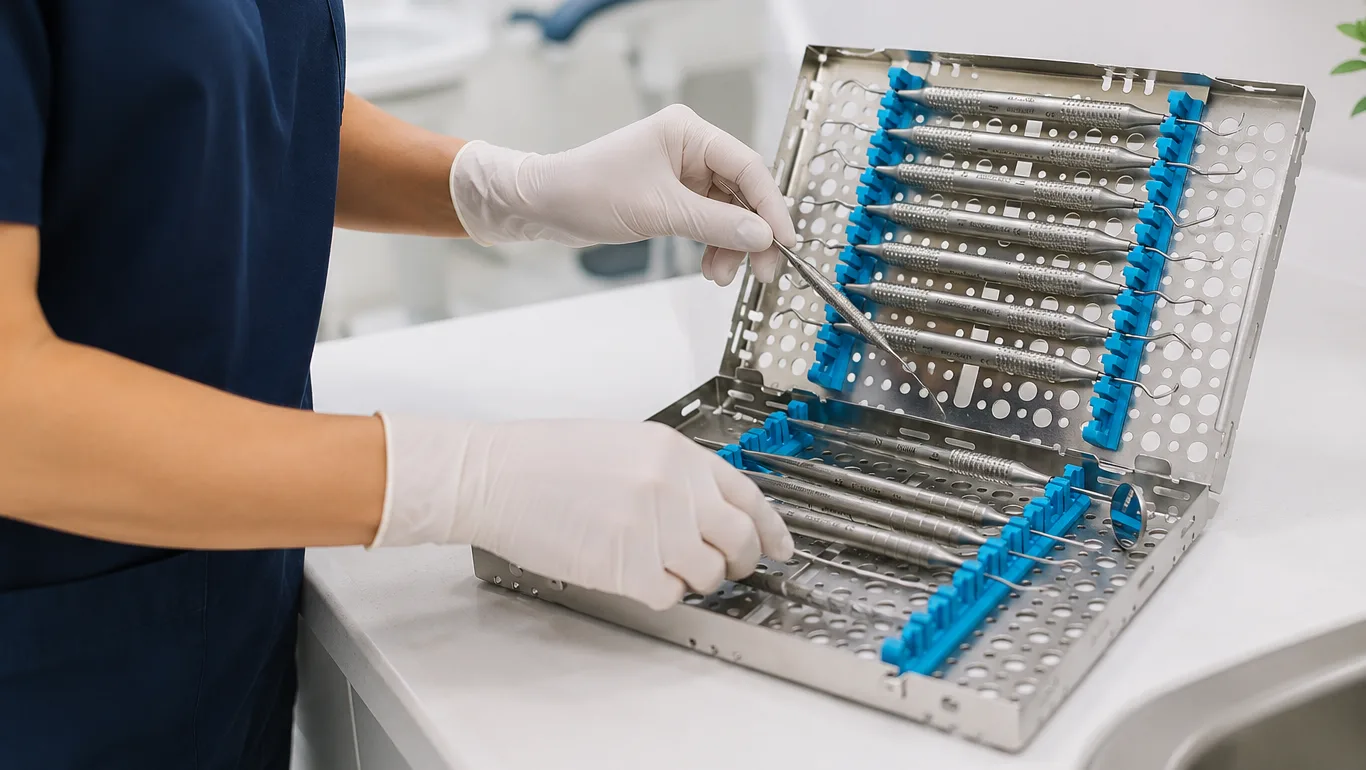 Dental professional placing hand instruments into a sterilisation cassette in a clinical setting before instrument processing.