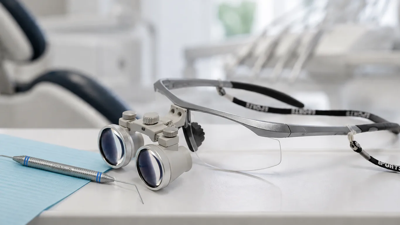 Dental loupes and Nordent instrument on a dental tray in a modern clinic.