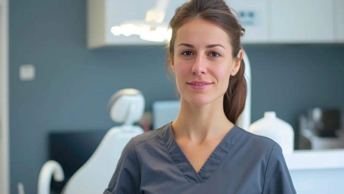A female dental assistant in grey scrubs smiles in a dental treatment room.